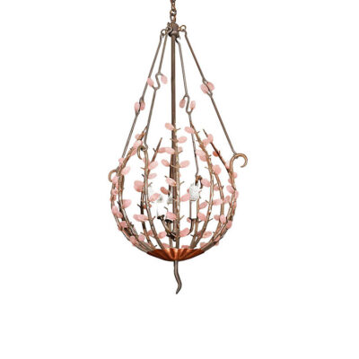 A chandelier with pink glass and metal arms.