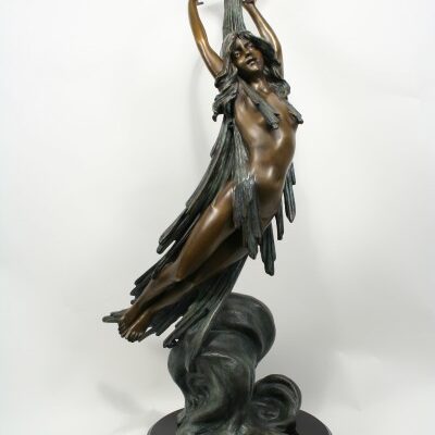 A Lucien Alliot Art Nouveau Bronze Girl Statue Titled Meteor of a woman holding a star.
