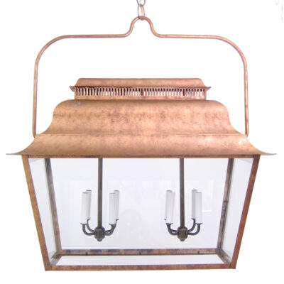 A large copper lantern hanging from the ceiling.