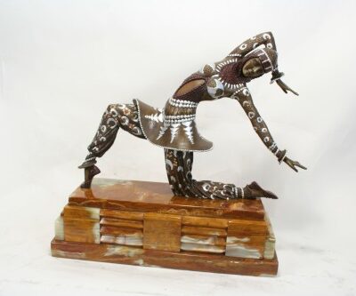 A DH Chiparus Art Deco Cast Bronze Statue Karmorna on a wooden base.