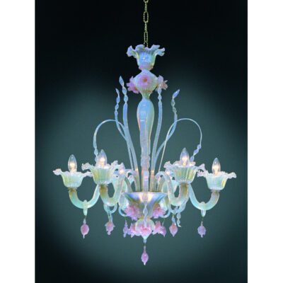 A chandelier with pink flowers and white glass