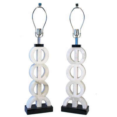 A pair of white lamps with black bases.