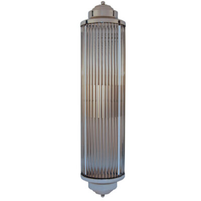 A wall light with a glass shade and metal frame.