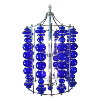 A blue chandelier with glass beads hanging from it.
