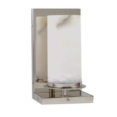 A silver wall mounted candle holder with a white glass shade.