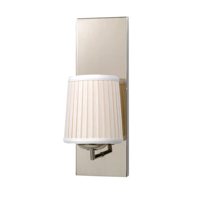 A wall mounted lamp with a white shade.