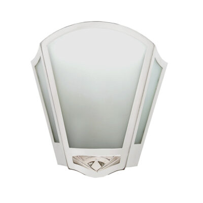 A white light fixture with a glass window.